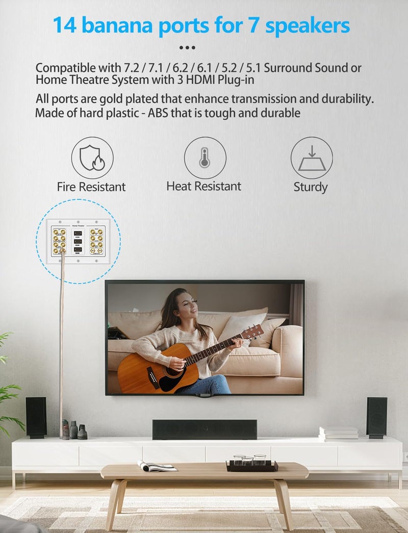 ICESPRING 3 Gang 7.2 Surround Sound Distribution Home Theater Copper Banana Binding Post Coupler Type Wall Plated for 7 Speakers 2 RCA Jacks for Subwoofers And 3 HDMI Ports - Image 5